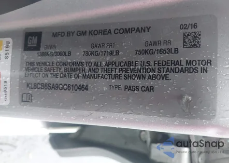 2016 Chevrolet Spark Ls Cvt z USA, uszkodzony, nr VIN KL8CB6SA9GC610464